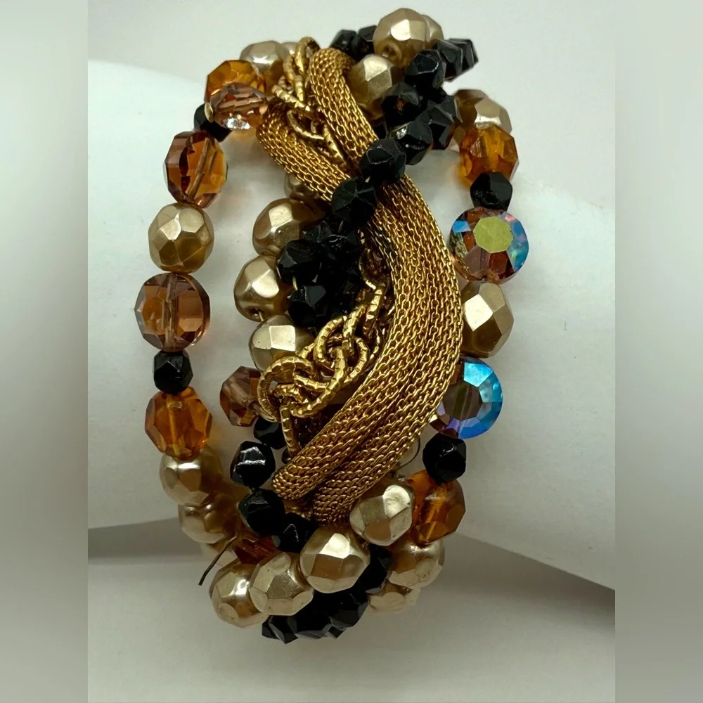 Bohemian Mixed Media Multi-Strand Wire Bracelet Adjustable Glass, AB, Gold Tone